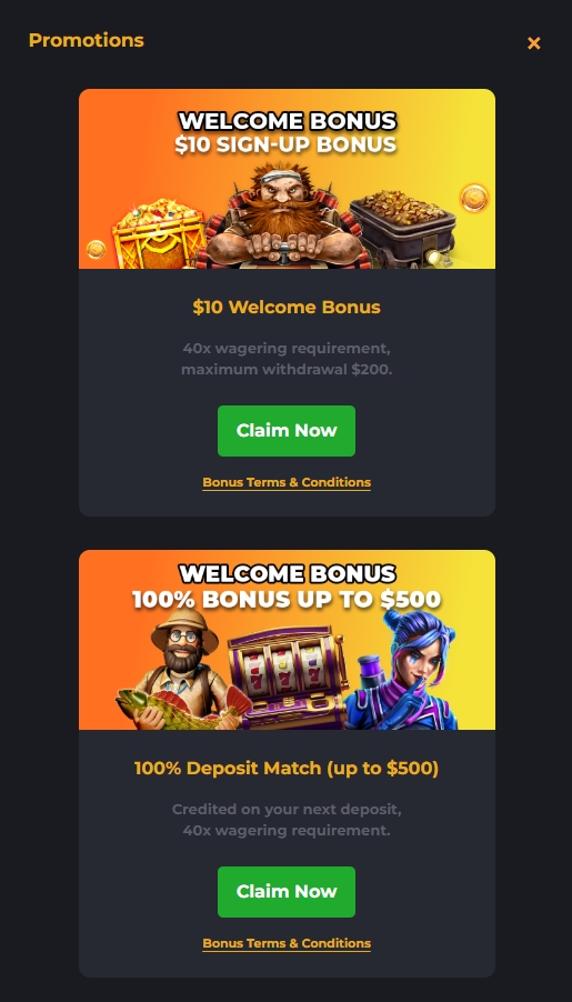 Royal Reels promotions pop-up showing the $10 Welcome Bonus and 100% Deposit Match both listing a 40x wagering requirement
