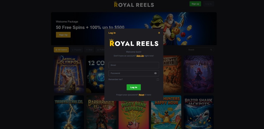 The real Royal Reels Log In modal over the pokies lobby, with email, password, remember me and the forgot password reset link