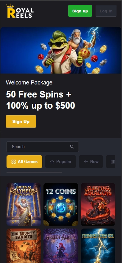 Royal Reels casino's mobile site open in a browser, showing the welcome package banner and game lobby that a home-screen icon opens straight into