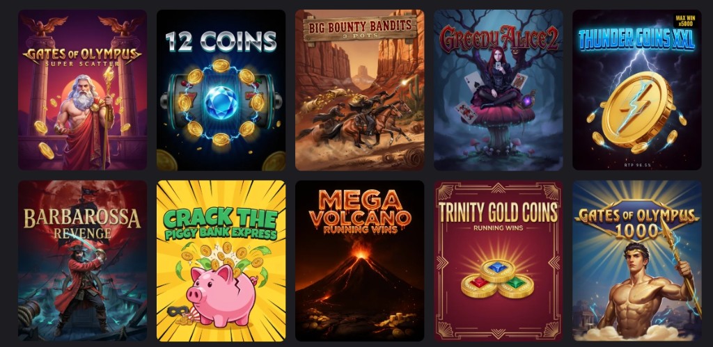 Royal Reels pokies lobby tiles including Thunder Coins Xxl showing its 96.55% RTP badge and x5800 max win cap