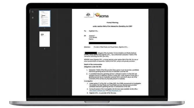 ACMA Formal Warning document dated 14 June 2023 naming Digibrite S.R.L. and the Royal Reels and Reef Reels domains