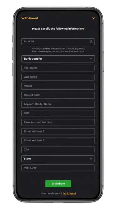 Royal Reels live account withdrawal form showing bank transfer as the only method, a $50 minimum and a $9,000 maximum per 24 hours, with no PayID option