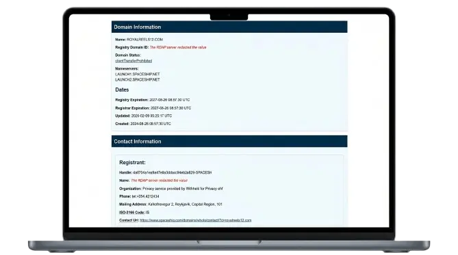 WHOIS lookup results showing the royalreels12-15.com and royalreels16-23.com domain batches registered on the same day, 26 August 2024