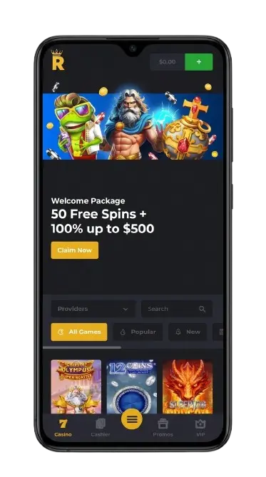 Royal Reels pokies lobby open in a mobile phone browser on both iPhone and Android, showing there is no dedicated app to download