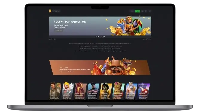 Royal Reels account dashboard VIP page showing the 10-level XP-based loyalty ladder from Opal to Diamond