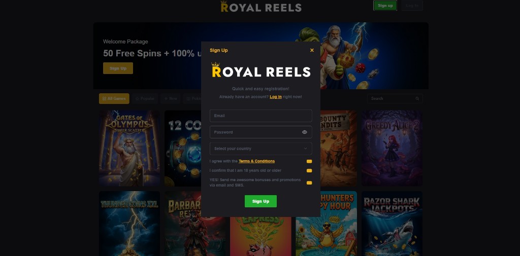 Royal Reels Sign Up modal over the pokies lobby, showing the Log In right now link for players who opened the wrong form